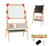 LIFEZEAL Caballete infantil giratorio 360°, pizarra de doble cara para niños de madera, pizarra magnética con rollo de papel alfabeto ábaco, pizarra escolar para niños a partir de 3 años