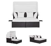 LIFEZEAL Cama Doble de ratán con Capota, Conjunto de Tumbona de Poliratán, Isla de Sol con Techo Plegable, Tumbona Cama de Jardín Carga 360kg para Exteriores (PE58406EPDE)