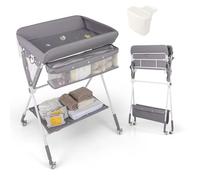 LIFEZEAL Cambiador 3 en 1 para Bebé, Cambiador Plegable con Ruedas, Cambiador de Pañal Ajustable de Tejido Oxford y PP, Capacidad de Carga 15 KG, no incluye bañera (Gris)