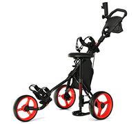 LIFEZEAL Carrito de Golf Plegable, Carrito de Golf con 3 Ruedas, Carro de Golf con Marcador y paragüero, Carrito metálico de Golf con Bolsa de Almacenamiento y Freno de pie (Rojo)
