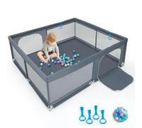LIFEZEAL Corralito de tela Oxford, con ventosas antideslizantes, patio de juegos con 50 pelotas de juego para bebé, centro de actividades para niños 206 x 185,5 x 68 cm (Gris)