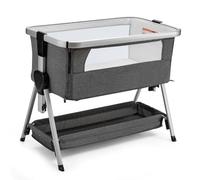 LIFEZEAL Cuna de Colecho para Bebés con Colchón, Cuna Ajustable con Panel Lateral Plegable y Cesta de Almacenamiento, Cuna de Viaje Elevable con Ruedas para Bebés de 0-6 Meses (Gris Oscuro)