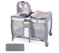 LIFEZEAL Cuna de Viaje 5 en 1 para Bebé, con Cambiador, Colchón, Bolsa de Transporte, Ruedas y Caja de Música, para Niños hasta 36 Meses, Gris Claro y Rosa