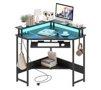 LIFEZEAL Escritorio Esquinero con Luces LED, Escritorio Gaming Esquina con Mando a Distancia, Soporte para Monitor y Teclado, Mesa Oficina con Enchufes y Puertos USB y Tipo C (Negro)