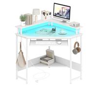 LIFEZEAL Escritorio Esquinero con Luces LED, Escritorio Gaming Esquina con Mando a Distancia, Soporte para Monitor y Teclado, Mesa Oficina con Enchufes y Puertos USB y Tipo C (Blanco)