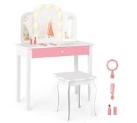 LIFEZEAL Espejo de maquillaje para niña de 3 + años, con luces, taburete, silla, espejo plegable, extraíble, tocador, estación de maquillaje, con cajón, accesorios, de madera, dormitorio (blanco)