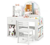 LIFEZEAL Juego de tocador 2 en 1 para niños, tocador de princesa con espejo LED y taburete, tocador de madera con cajón y estante, juego de tocador para niñas de 3 años y más, color blanco