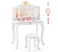 LIFEZEAL Juego de tocador Infantil, Mesa de Maquillaje con Taburete para niña, tocador con 8 Bombillas y Espejo Plegable, Set de Mesa y Silla con cajón, tocador con luz led Ajustable (Blanco)