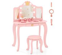 LIFEZEAL Juego de tocador Infantil, Mesa de Maquillaje con Taburete para niña, tocador con 8 Bombillas y Espejo Plegable, Set de Mesa y Silla con cajón, tocador con luz led Ajustable (Rosa)