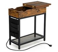 LIFEZEAL Mesa Auxiliar con Tablero Plegable con 2 Puertos USB y 1 Enchufe, Mesita Estrecha con Estante de Almacenaje y Bolsa Lateral de Tela, Mueble para Salón y Dormitorio, Marrón Vintage