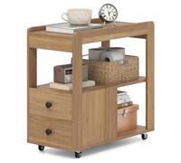 LIFEZEAL Mesa Auxiliar Multinivel con 3 Estantes Abiertos 2 Cajones con Pomos y 4 Ruedas Giratorias Mesita de Noche Compacta para Dormitorio Sofá Sala o Estudio en Espacios Reducidos (Natural)