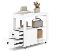 LIFEZEAL Mesa Auxiliar Multinivel con 3 Estantes Abiertos 2 Cajones con Pomos y 4 Ruedas Giratorias Mesita de Noche Compacta para Dormitorio Sofá Sala o Estudio en Espacios Reducidos (Blanco)