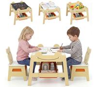 LIFEZEAL Mesa infantil con 2 sillas, mesa de madera 5 en 1 con tablero reversible pizarra/blanco, 4 ganchos, 2 cajones de tela, 1 contenedores, mesa multiactividades para niños de 3 años + (natural)
