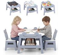 LIFEZEAL Mesa infantil con 2 sillas, mesa de madera 5 en 1 con tablero reversible pizarra/blanco, 4 ganchos, 2 cajones de tela, 1 contenedores, mesa multiactividades para niños de 3 años + (gris)
