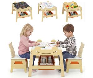 LIFEZEAL Mesa infantil con 2 sillas, mesa de madera 5 en 1 con tablero reversible pizarra/blanco, 4 ganchos, 2 cajones de tela, 1 contenedores, mesa multiactividades para niños de 3 años + (natural)