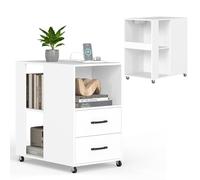 LIFEZEAL Mesita de sofá con 2 cajones, ruedas, estación de carga, compartimento abierto, estantes, mesa lateral para café, salón, salón, mesita de noche, moderna, estrecha (blanco)