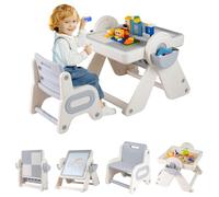 LIFEZEAL Mesita y Silla para Niños 18+ Meses, Plástico, Mesa con Pizarra, Estantería, Multifunción Construcción, Bandeja Agua y Arena, Altura Ajustable, Tablero Inclinable, Plegable (Gris)