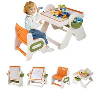 LIFEZEAL Mesita y Silla para Niños 18+ Meses, Plástico, Mesa con Pizarra, Estantería, Multifunción Construcción, Bandeja Agua y Arena, Altura Ajustable, Tablero Inclinable, Plegable (Naranja)