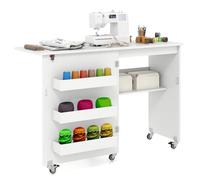 LIFEZEAL Mueble para máquina de Coser, Mesa Plegable de Costura, Armario de Madera con 3 bastidores, Escritorio móvil con 5 Ruedas, para hogar, Oficina (Blanco, 117 x 40 x 77 cm)