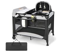 LIFEZEAL Parque Infantil de Lujo, Cuna de Viaje Multifuncional de PP para Bebé, Cuna Cama Plegable con Ruedas con Construcción de Tubo de Hierro (Negro)