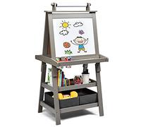 LIFEZEAL Pizarra con 2 caras infantil 3 en 1, caballete infantil con pizarra, pizarra con 2 niveles de estantes de almacenamiento, pizarra blanca con rollo de papel, mesa magnética (Gris)