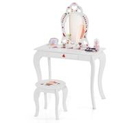LIFEZEAL Set de Tocador para Niños, Tocador Infantil con Bonitos Dibujos y Taburete, Tocador con Espejo y Cajón, Tocador de Maquillaje Regalo para Niñas de 3 a 7 Años (Estilo 2)