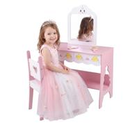 LIFEZEAL Tocador de Maquillaje niño con Espejo y Silla | Tocador Infantil 80x40x110cm con 2 Cajones, Estante Abierto y Estantería, para Dormitorio o Estudio, Rosa