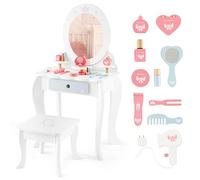 LIFEZEAL Tocador Infantil 2 en 1 con Espejo Extraíble y Taburete, Tocador de Madera para Maquillaje con 10 Accesorios para Niñas de 3+ Años, 50kg de Capacidad, Rosa y Blanco (Espejo Ovalado)