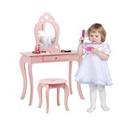LIFEZEAL Tocador Infantil, Juego de tocador con Espejo y Taburete, Mesa de Maquillaje para niña de 3 años, Escritorio con Silla Redonda de Madera, Estilo Princesa, 70x34x105cm (Rosa)
