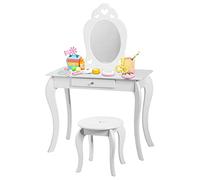 LIFEZEAL Tocador Infantil, Juego de tocador con Espejo y Taburete, Mesa de Maquillaje para niña de 3 años, Escritorio con Silla Redonda de Madera, Estilo Princesa, 70x34x105cm (Blanco)