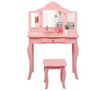 LIFEZEAL Tocador para niños, tocador 2 en 1 con taburete, escritorio infantil con espejo triple plegado y cajón, mesa de maquillaje con silla, regalo para chicas (rosa)