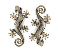Liffy Gecko - Decoración de pared de metal, 2 unidades, 15 pulgadas, para interiores y exteriores, escultura colgante de lagarto para decoración del hogar y el jardín, bronce (lagarto dorado)