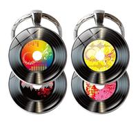 LIFKICH 4 Llaveros de Discos de Vinilo de Aleación de Zinc y Vidrio para Fiestas Temáticas, Accesorios para Claves y Recuerdos Musicales en Pack de 4 Piezas