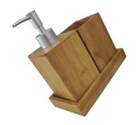 LIFKICH Accesorios de Baño de Bambú Set Compacto con Soporte para Cepillos Dispensador de Jabón y Vaso para Enjuague Diseño Funcional y Portátil para Cuarto de Baño Material Natural y
