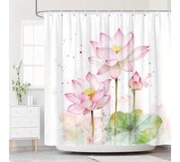 LIFKNVN Cortina de Ducha con impresión 3D HD de Acuarela con diseño de Flor de Loto - Diseño Rosa Pastel con Hojas Verdes. 12 Ganchos para Habitaciones húmedas. 210 x 180 cm (Ancho x Alto).