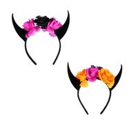 LIFKOME 2 Piezas Diadema de Cuernos con Calavera y Flores para Halloween Accesorio de Pelo para Fiesta Pack Negro con Púrpura y Púrpura con Naranja para Disfraces Temáticos