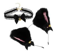LIFKOME Diadema y Collar Cosplay Orejas Gato con Lazo de Encaje y Campana Set para Fiestas y Disfraces Accesorio Negro y Rosa para Mujer y Niña