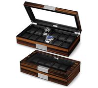 Lifomenz Co 12 cajas de reloj para hombre, caja de reloj de madera de lujo con ventana de vidrio grande, caja organizadora de reloj con interior de piel sintética ultra suave, Ebany, 12 Slot Watch
