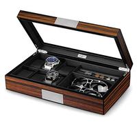 Lifomenz Co Joyero de reloj para hombre, caja de reloj de 6 ranuras, 8 pares de gemelos y caja de exhibición de gafas de sol, organizador de vitrina grande de madera con ventana de vidrio real