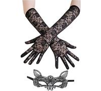 Lifreer 1 par de guantes de encaje sin dedos, medio dedo, con 1 máscara de gato de punta negra, accesorio de Halloween para mujer, fiesta, color negro, talla única, negro B, Talla única