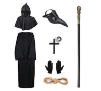 Lifreer Conjunto de disfraz de cosplay de Halloween, máscara de pico de nariz larga, máscara gótica de pájaro con capa negra de monje con capucha, guantes negros, máscara de cara completa, bastón,