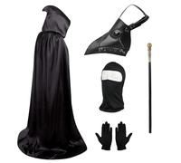 Lifreer Conjunto de disfraz de Halloween para cosplay, máscara de médico de aves de la peste, máscara de pico de pájaro steampunk con guantes negros, capa con capucha, Máscara de cara completa, bastón