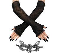 Lifreer Guantes largos de encaje, guantes de malla de araña de Halloween, guantes largos para mujer, guantes largos de medio dedo con 1 pieza de encaje negro, máscara de gato para mujer, disfraz de