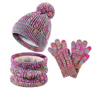 Lifup Conjunto de Bufanda Gorro y Guantes, Invierno Cálido Sombrero de Punto con Pompon, Beanie Forro Polar Niños Set para Niños Niñas 5-10 Años Mezcla de arcoiris