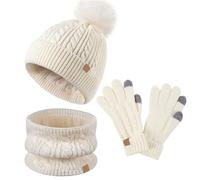 Lifup Conjunto de Bufanda Gorro y Guantes, Invierno Cálido Sombrero de Punto con Pompon, Beanie Forro Polar Niños Set para Niños Niñas 5-10 Años Beige