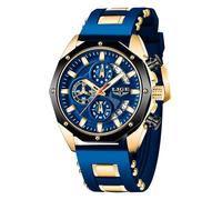 LIGE Reloj Analógico Hombre Elegante Analogico Caballero Clasico Vintage Mens Watches Cuarzo 3ATM al Agua Correa de Silicona Azul con Fecha Luminosa Negocio Relojes Pulsera Hombre, Dorado y Negro