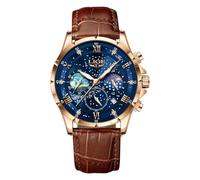 LIGE Reloj de Hombre de Acero Inoxidable Resistente al Agua, analógico, diseño de Fase Lunar, Reloj de Pulsera de Cuarzo para Hombre, cronógrafo, Correa de Piel, Reloj de Pulsera para Hombre, con