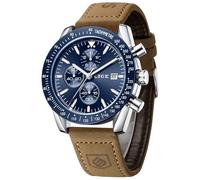 LIGE Reloj de pulsera analógico de cuarzo para hombre, cronógrafo, correa de piel, resistente al agua, función calendario, manecillas luminosas, reloj para hombre, estilo informal, color azul
