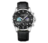 LIGE Reloj de Pulsera para Hombre, cronógrafo, Acero Inoxidable, Resistente al Agua, analógico, diseño de Fase Lunar, Reloj de Pulsera de Cuarzo, Correa de Piel Negra, con Fecha, Luminoso, de