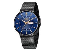 LIGE Reloj Elegante Hombre Analógico Caballero Clasico Pulsera Vintage Mens Watches 3ATM Negocios Negro Acero Inoxidable Fecha Reloj de Pulsera Fino y Minimalista Reloj Pulsera Hombre,Azul Negro